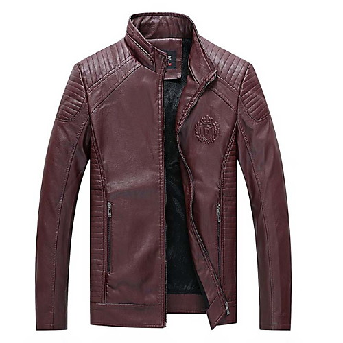 

Men's Daily Regular Leather Jacket, Solid Colored Stand Long Sleeve PU Black / Red / Khaki