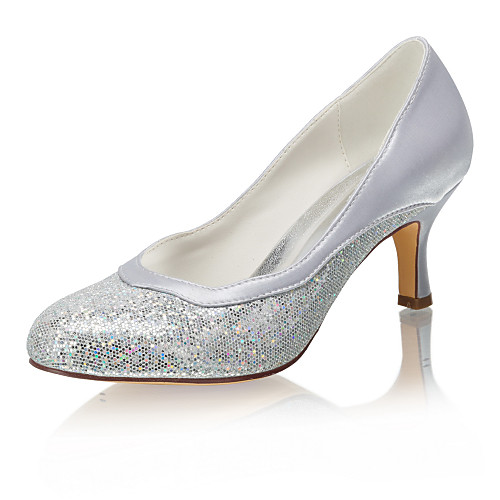 

Women's Wedding Shoes Spool Heel Round Toe Sequin Satin / Synthetics Spring & Fall / Summer Silver / Party & Evening