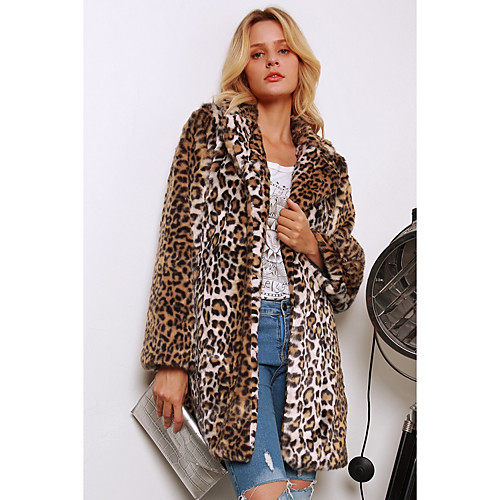 

Жен. Повседневные Наступила зима Длинная Искусственное меховое пальто, Леопард Приподнятый круглый Длинный рукав Полиэстер Коричневый