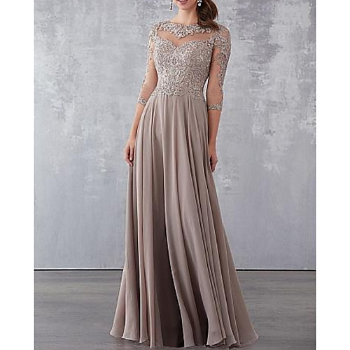 

A-Line Jewel Neck Floor Length Chiffon / Lace 3/4 Length Sleeve See Through / Elegant Mother of the Bride Dress with Appliques / Draping 2020
