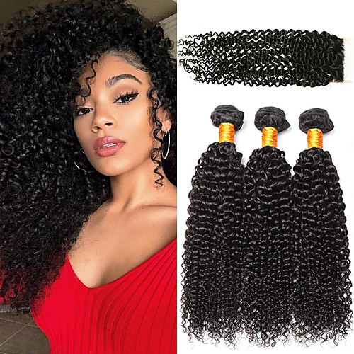 

3 комплекта с закрытием Малазийские волосы Kinky Curly Не подвергавшиеся окрашиванию 100% Remy Hair Weave Bundles Человека ткет Волосы Пучок волос Накладки из натуральных волос 8-24 дюймовый