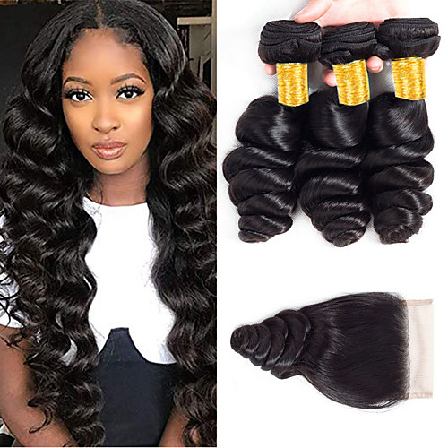 

3 Bundles with Closure Brazilian Hair Loose Wave Virgin Human Hair 100% Remy Hair Weave Bundles Natural Color Hair Weaves / Hair Bulk Bundle Hair Human Hair Extensions 8-24 inch Natural Color Human
