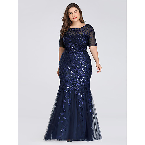 

Mermaid / Trumpet Jewel Neck Floor Length Tulle Plus Size / Blue Wedding Guest / Formal Evening Dress with Sequin / Appliques 2020 / Illusion Sleeve