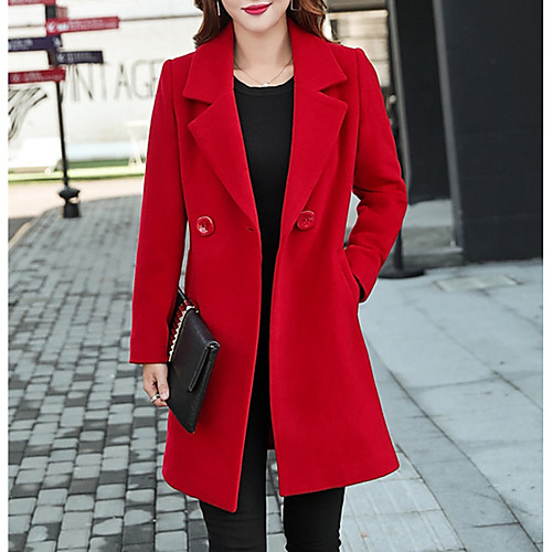 

Women's Daily Basic Fall Long Trench Coat, Solid Colored Straight Collar Long Sleeve Wool Patchwork Black / Royal Blue / Red