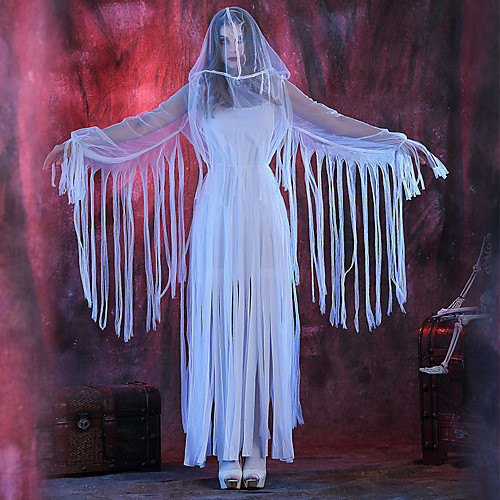 фото Зомби призрачная невеста товары для хэллоуина взрослые жен. косплей хэллоуин halloween фестиваль хэллоуин фестиваль / праздник сатин / тюль плюш белый жен. карнавальные костюмы с кисточками / платье Lightinthebox