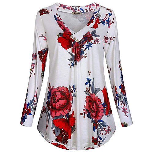 

Women's Daily Plus Size T-shirt - Floral V Neck Black