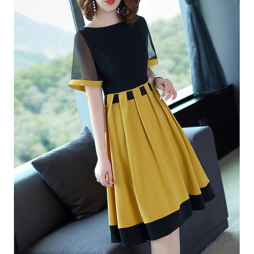 

Women's A Line Dress - Color Block Black S M L XL