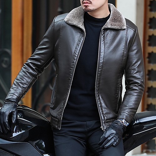 

Men's Daily Fall & Winter Regular Leather Jacket, Solid Colored Turndown Long Sleeve PU Black / Brown