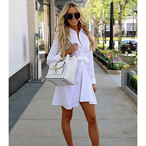 

Women's Mini White Dress Basic Sheath Solid Colored Shirt Collar S M