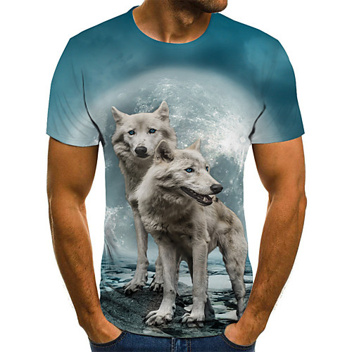 

Men's Daily Going out Basic / Street chic T-shirt - 3D / Animal / Cartoon Patchwork / Print Light Blue