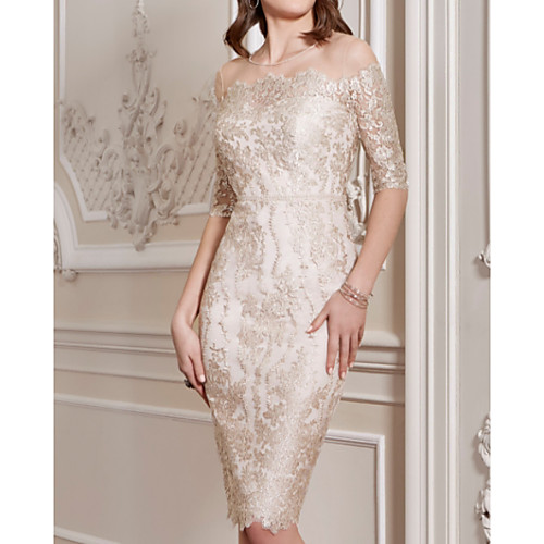 

Sheath / Column Jewel Neck Knee Length Satin Half Sleeve Vintage / Sexy Mother of the Bride Dress with Appliques Mother's Day 2020