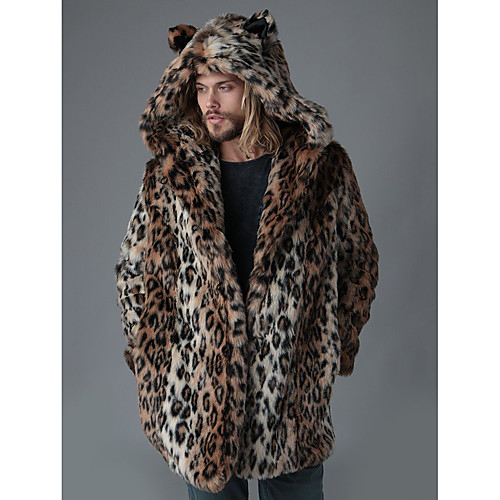 

Men's / N / A Going out Winter Long Coat, Leopard Hooded Long Sleeve Faux Fur Brown