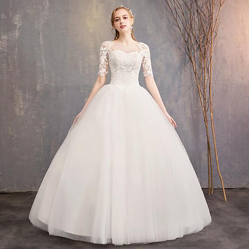 

A-Line / Ball Gown Scoop Neck Floor Length Polyester / Lace / Tulle Half Sleeve Romantic Backless Made-To-Measure Wedding Dresses with Appliques / Lace 2020