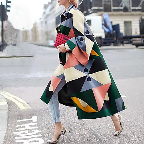 

Women's Daily Fall & Winter Long Coat, Geometric Turndown Long Sleeve Polyester Rainbow