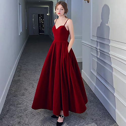

A-Line Spaghetti Strap Ankle Length Satin / Velvet Red Party Wear / Formal Evening Dress with Pleats 2020