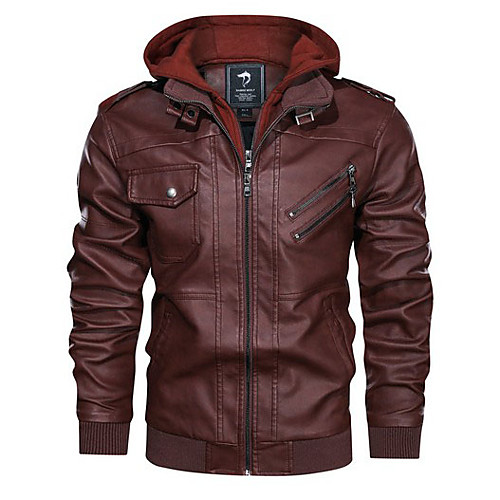 

Men's Daily Regular Leather Jacket, Solid Colored Hooded Long Sleeve Polyester Black / Brown / Gray