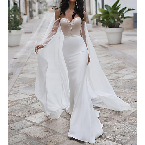

Mermaid / Trumpet Sweetheart Neckline Sweep / Brush Train Polyester Long Sleeve Romantic See-Through / Illusion Detail / Backless Wedding Dresses with Crystals 2020 / Yes