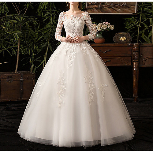 

Ball Gown Bateau Neck Floor Length Lace / Tulle Long Sleeve Country Backless / Illusion Sleeve Wedding Dresses with Appliques 2020 / Yes