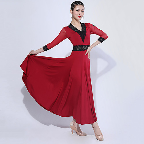 

Ballroom Dance Dresses Women's Training Spandex Lace / Ruching / Split Joint 3/4 Length Sleeve Dress