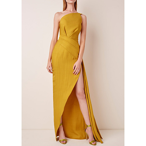 

Sheath / Column One Shoulder Asymmetrical Satin Minimalist / Yellow Holiday / Prom Dress with Split Front 2020