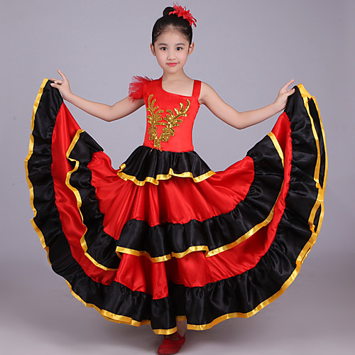 

Девочки Испанская леди Танцы Народные танцы Платья Этнический стиль Полиэстер Красный Платье