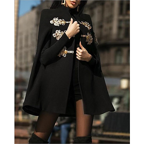 

Women's Daily Long Coat, Solid Colored Stand Long Sleeve Polyester Black