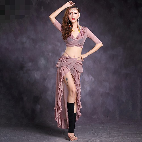 

Belly Dance Outfits Women's Training / Performance Stretch Yarn Cascading Ruffles Half Sleeve Natural Skirts