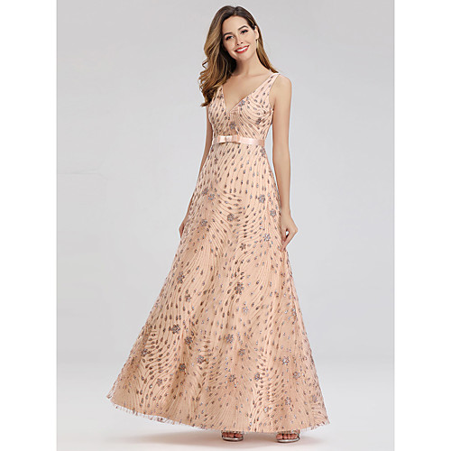 

A-Line V Neck Floor Length Lace / Tulle Elegant Formal Evening Dress with Crystals 2020