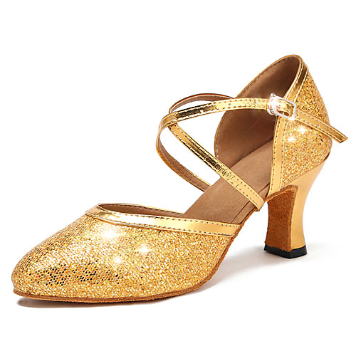 

Women's Modern Shoes / Ballroom Shoes Faux Leather / Synthetics Cross Strap Heel Sequin / Glitter / Paillette Cuban Heel Customizable Dance Shoes Gold / Performance
