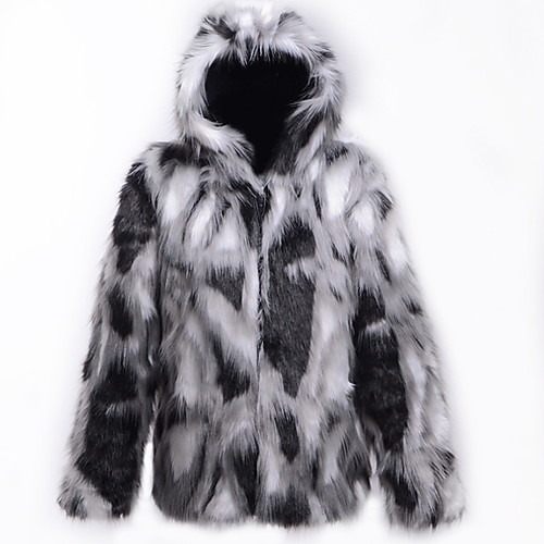 

Men's Daily Fall & Winter Regular Faux Fur Coat, Color Block Hooded Long Sleeve Faux Fur Black