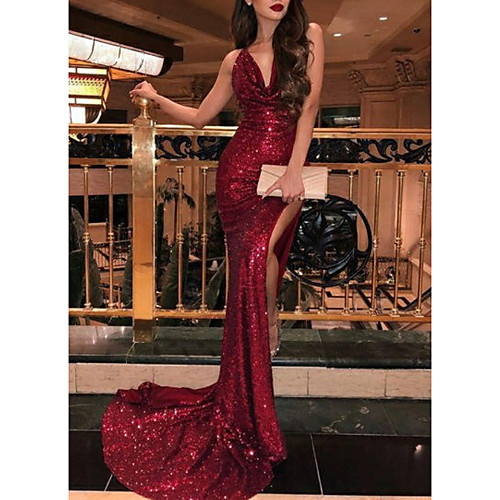 

Mermaid / Trumpet Plunging Neck Sweep / Brush Train Sequined Open Back Formal Evening Dress 2020 with Sequin / Split Front