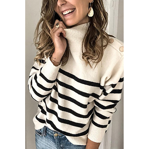 

Women's Striped Long Sleeve Pullover Sweater Jumper, Turtleneck White M / L / XL