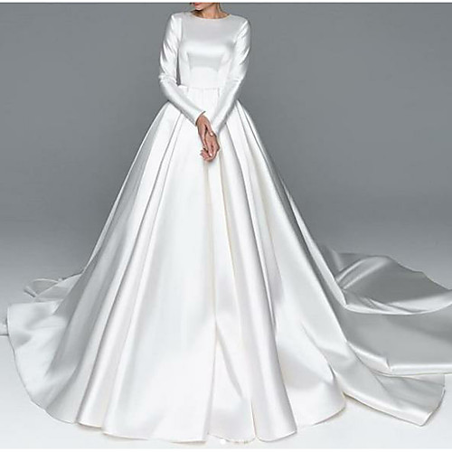 

A-Line Jewel Neck Chapel Train Satin Long Sleeve Simple Plus Size / Elegant Wedding Dresses with 2020