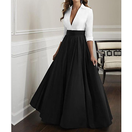 

A-Line Plunging Neck Floor Length Satin Half Sleeve Elegant & Luxurious Mother of the Bride Dress with Ruching Mother's Day 2020