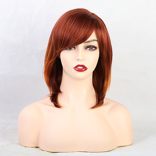 

Human Hair Wig Natural Straight Bob With Bangs Multi-color Orange Cute Women New Capless Women's All Medium Brown / Light Blonde 12 inch / African American Wig / For Black Women