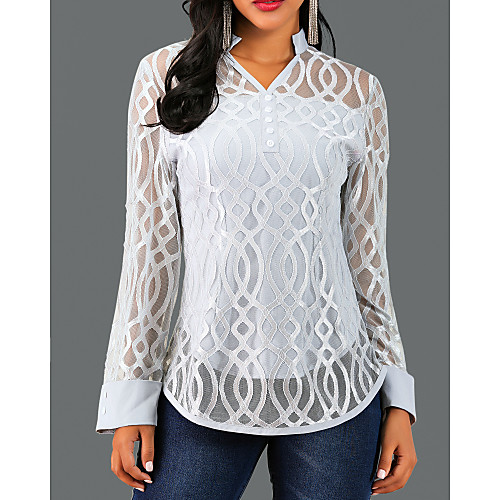 

Women's Causal Blouse - Solid Colored / Geometry Lace V Neck Gray / Spring / Fall