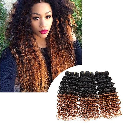 

3 Bundles Brazilian Deep Wave Hair Extensions Ombre T1B/30 Color 2 Tone 100% Human Hair Bundles Hair Weaves Natural Black Color