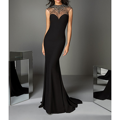 

Sheath / Column Jewel Neck Sweep / Brush Train Charmeuse Elegant Formal Evening Dress 2020 with Crystals / Draping