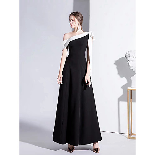 

A-Line One Shoulder Floor Length Satin Color Block / Vintage Inspired Formal Evening Dress 2020 with Bow(s)