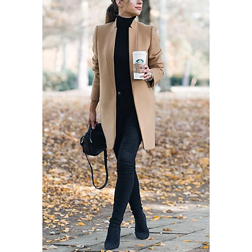 

Women's Daily Basic Fall / Winter Long Coat, Solid Colored Stand Long Sleeve Polyester Wine / Gray / Khaki