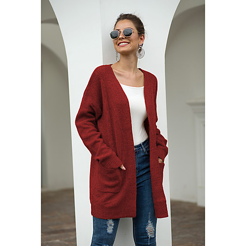 

Women's Solid Colored Long Sleeve Cardigan Sweater Jumper, Collarless Fall / Winter Yellow / Lavender / Red S / M / L
