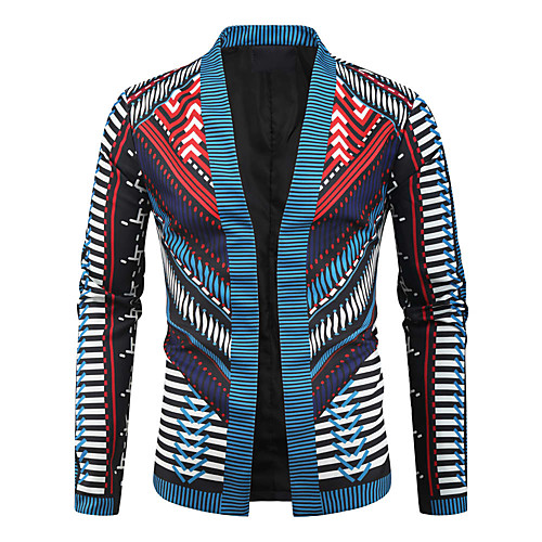 

Men's Daily / Going out Basic / Boho Fall & Winter Regular Jacket, Geometric / Color Block Collarless Long Sleeve Polyester Patchwork / Print Blue