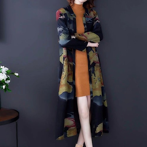 

Women's Daily / Work Vintage / Sophisticated Fall / Fall & Winter Long Trench Coat, Geometric Cherry Daisy Sun Flower Turndown Long Sleeve Polyester Pleated / Print Navy Blue