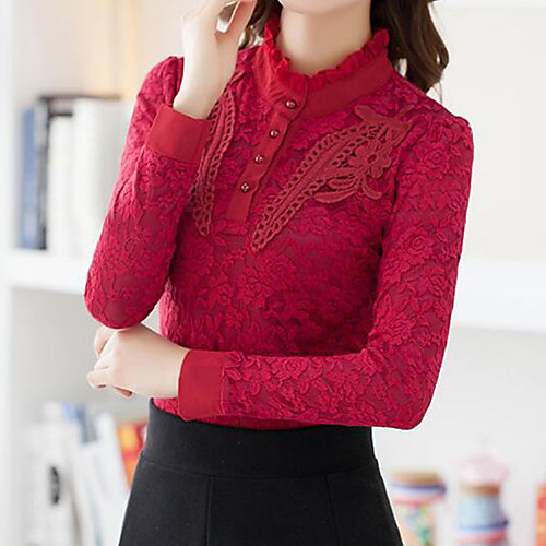 

Women's Daily Going out Basic Blouse - Solid Colored Lace Black