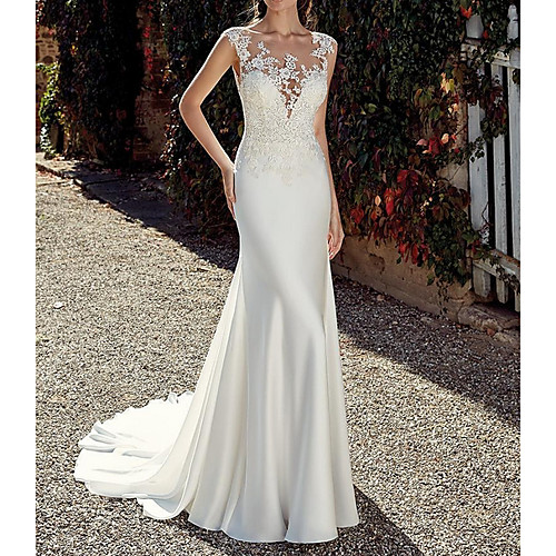 

Mermaid / Trumpet Jewel Neck Sweep / Brush Train Chiffon Cap Sleeve Illusion Detail / Backless Wedding Dresses with Lace Insert 2020