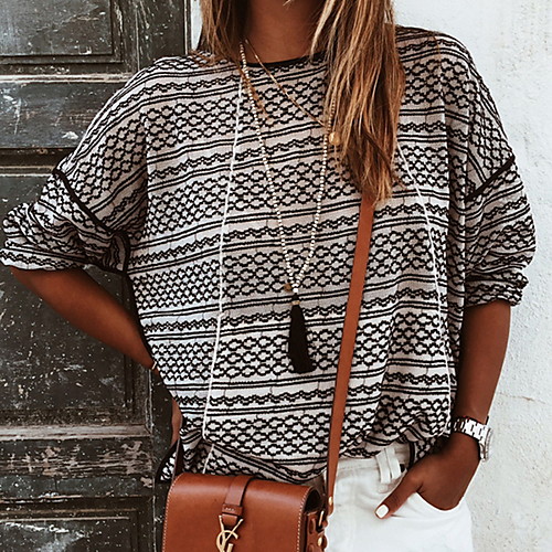 

Women's Geometric Long Sleeve Loose Pullover Sweater Jumper, Round Khaki S / M / L