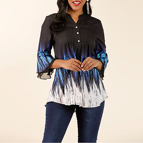 

Women's Daily Shirt - Color Block V Neck Blue