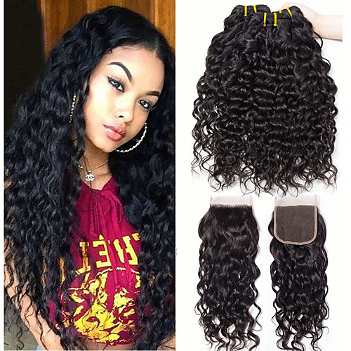 

3 Bundles with Closure Brazilian Hair Water Wave Virgin Human Hair Unprocessed Human Hair Headpiece Natural Color Hair Weaves / Hair Bulk Extension 8-28 inch Natural Color Human Hair Weaves Odor Free