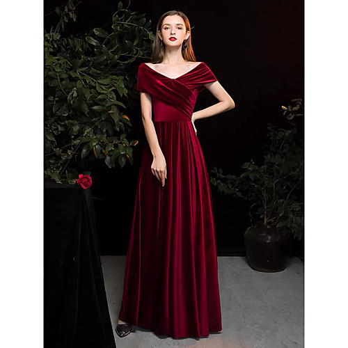 

A-Line Elegant Vintage Inspired Formal Evening Dress V Neck Short Sleeve Floor Length Satin Velvet with Ruched 2020