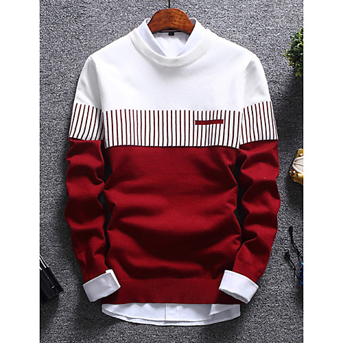 

Men's Color Block Long Sleeve Pullover Sweater Jumper, Round Neck White / Blue / Red US32 / UK32 / EU40 / US34 / UK34 / EU42